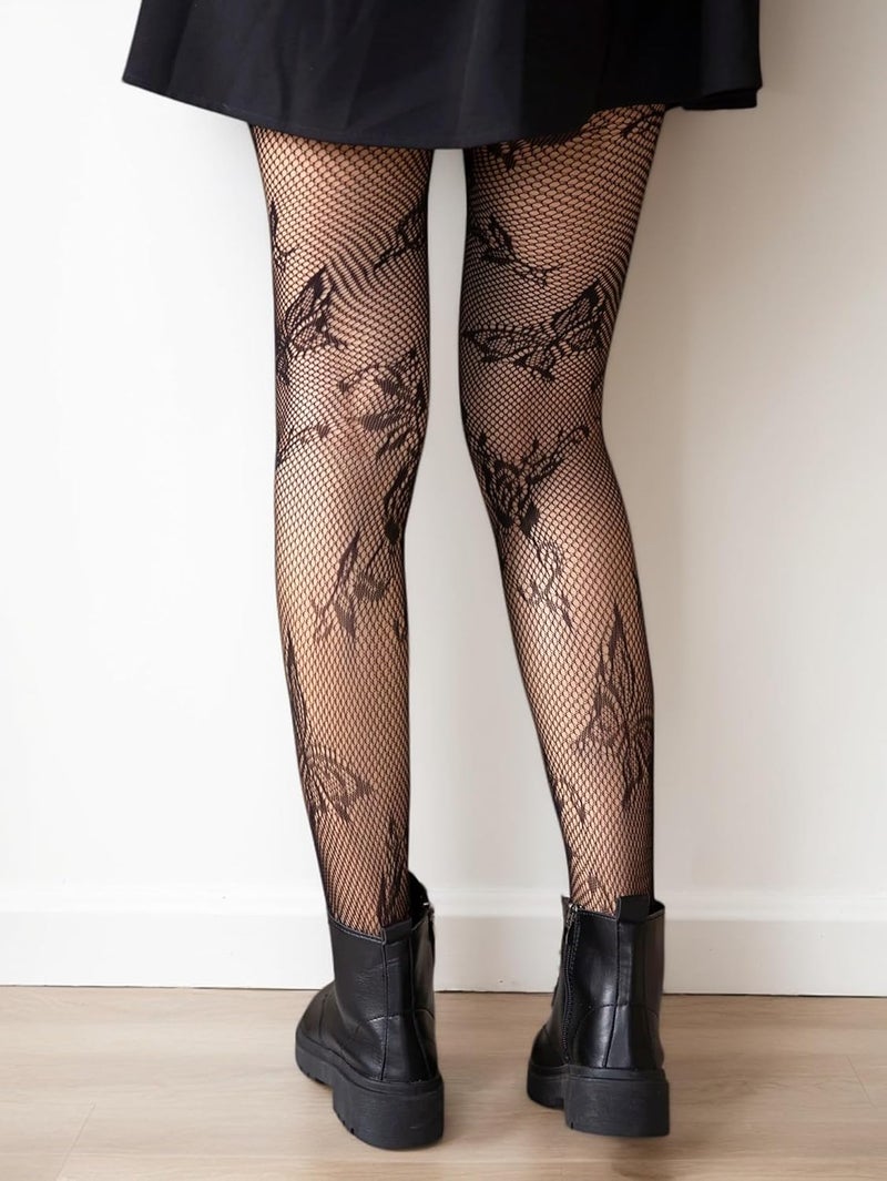 Amazleer Women's Fishnet Tights with Butterfly Flower Pattern, High Waist Mesh Stockings, Streetwear Leggings - Image 3